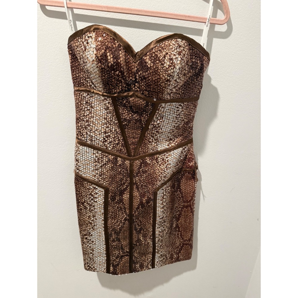 Party Time Sequin Snakeskin Strapless Mini Dress Brown Bronze Size 2 Bodycon